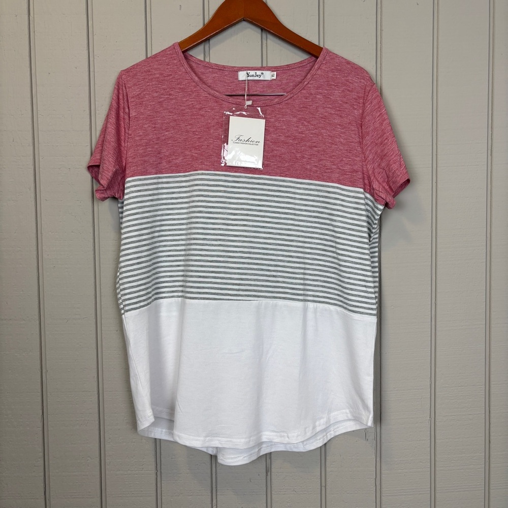 NWT Yunjey Women’s Pink Colorblock with Grey Stripes Short Sleeve T-Shirt SizeXL